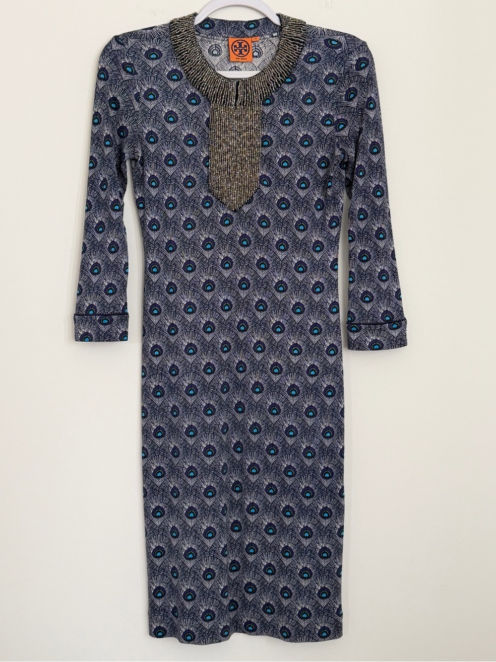 Tory Burch XS 100% Silk Peacock Print Beaded Dress Art Deco Statement Cocktail